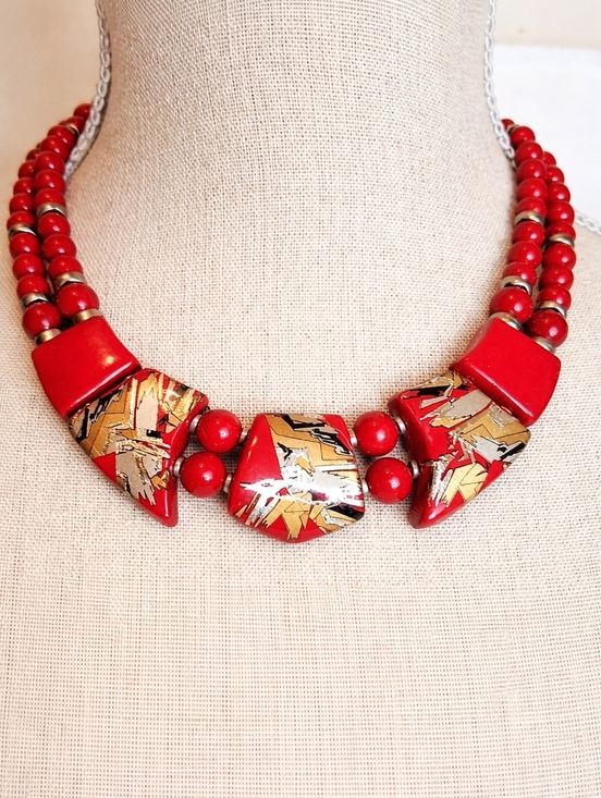 Vintage Jewelry - Vintage Y2K Red Statement Necklace Metallic Graffiti Art Bead Chunky Bib Collar